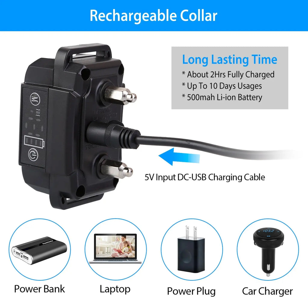 Black rechargeable smart dog bark collar with 500mAh li-ion battery for long-lasting power and dual training modes