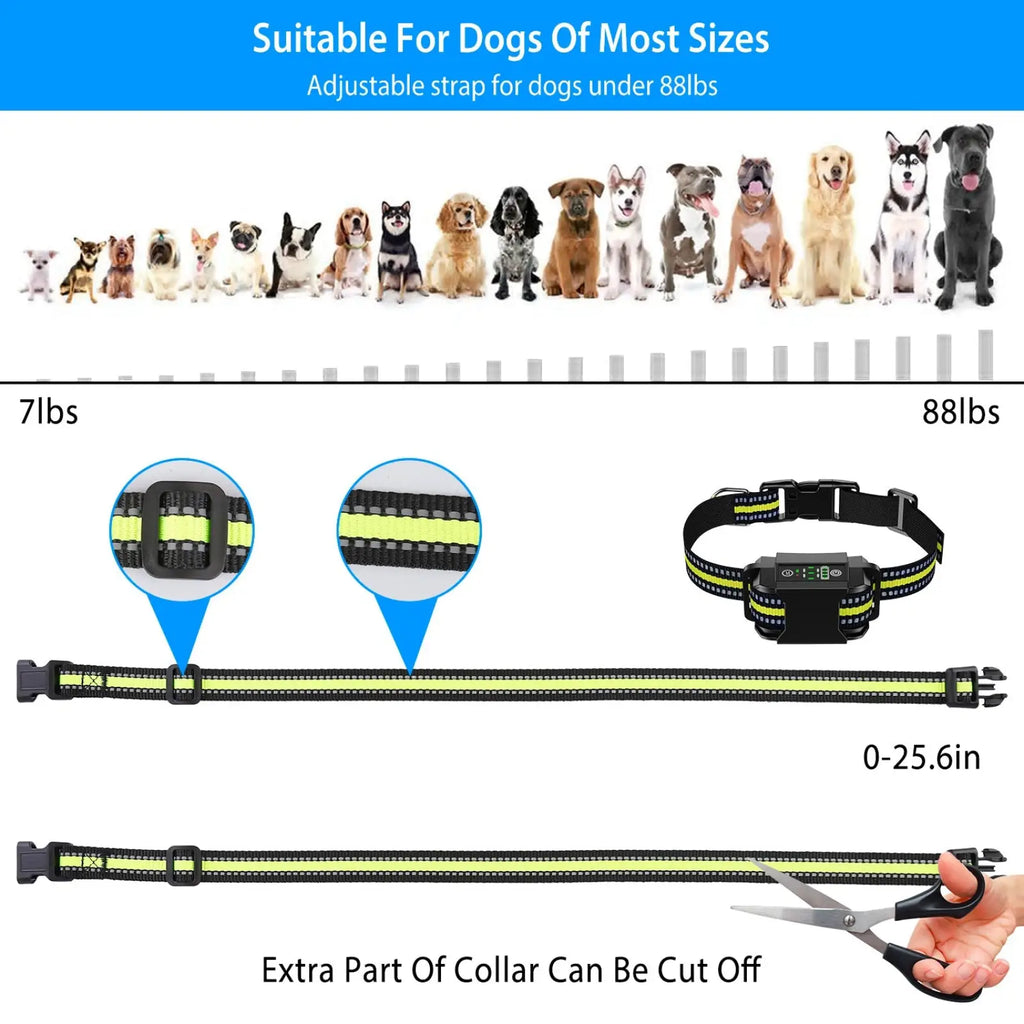 Adjustable rechargeable smart dog bark collar with black and neon yellow reflective stripes and digital control unit
