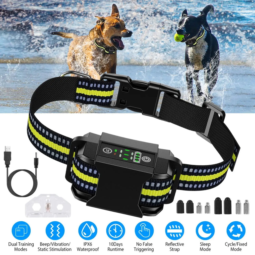 Black and neon yellow reflective rechargeable smart dog bark collar with adjustable buckle and digital control panel