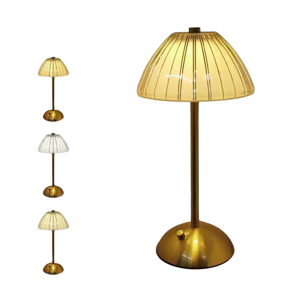 Gold-finished rechargeable table lamp with pleated translucent glass shade and slender metal stem light source