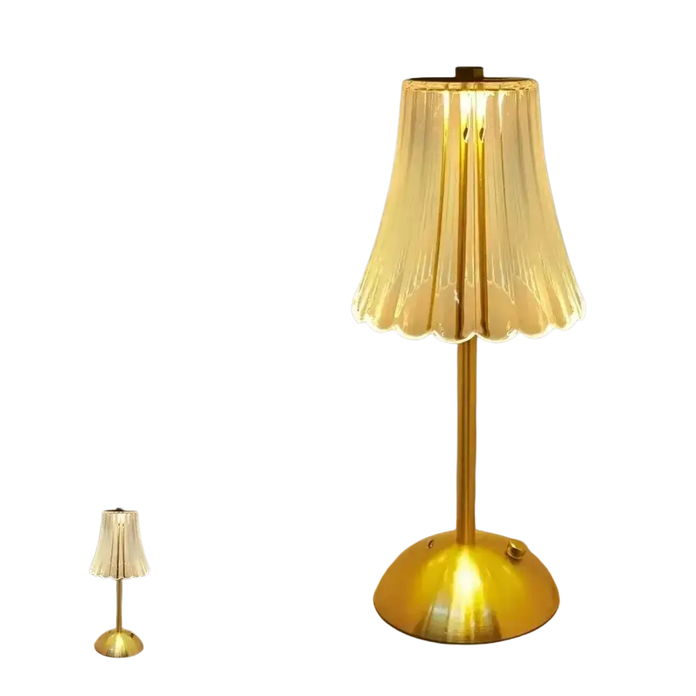 Gold-finished rechargeable table lamp with pleated translucent glass shade and scalloped edge light source design