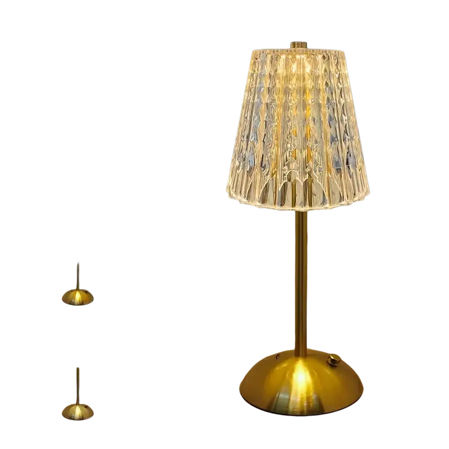 Gold-finished rechargeable table lamp with faceted crystal glass shade serving as a touch LED light source