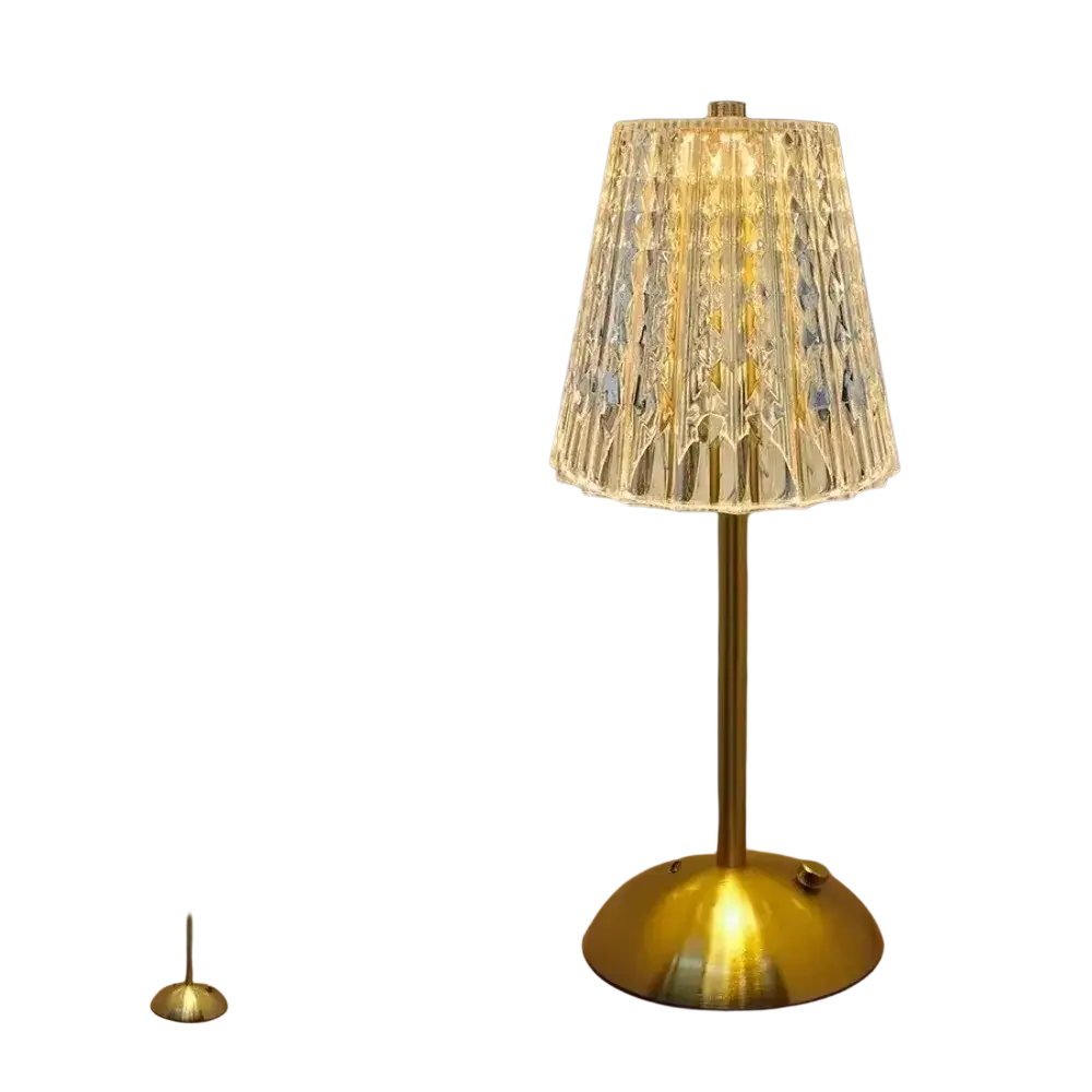 Star point-1 rechargeable table lamp with golden brass base and faceted crystal glass shade as light source