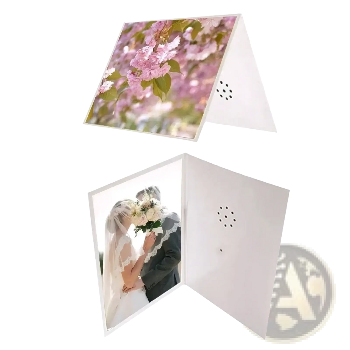 White foldable recordable voice greeting card featuring pink blossoms and a bride and groom embracing inside for weddings