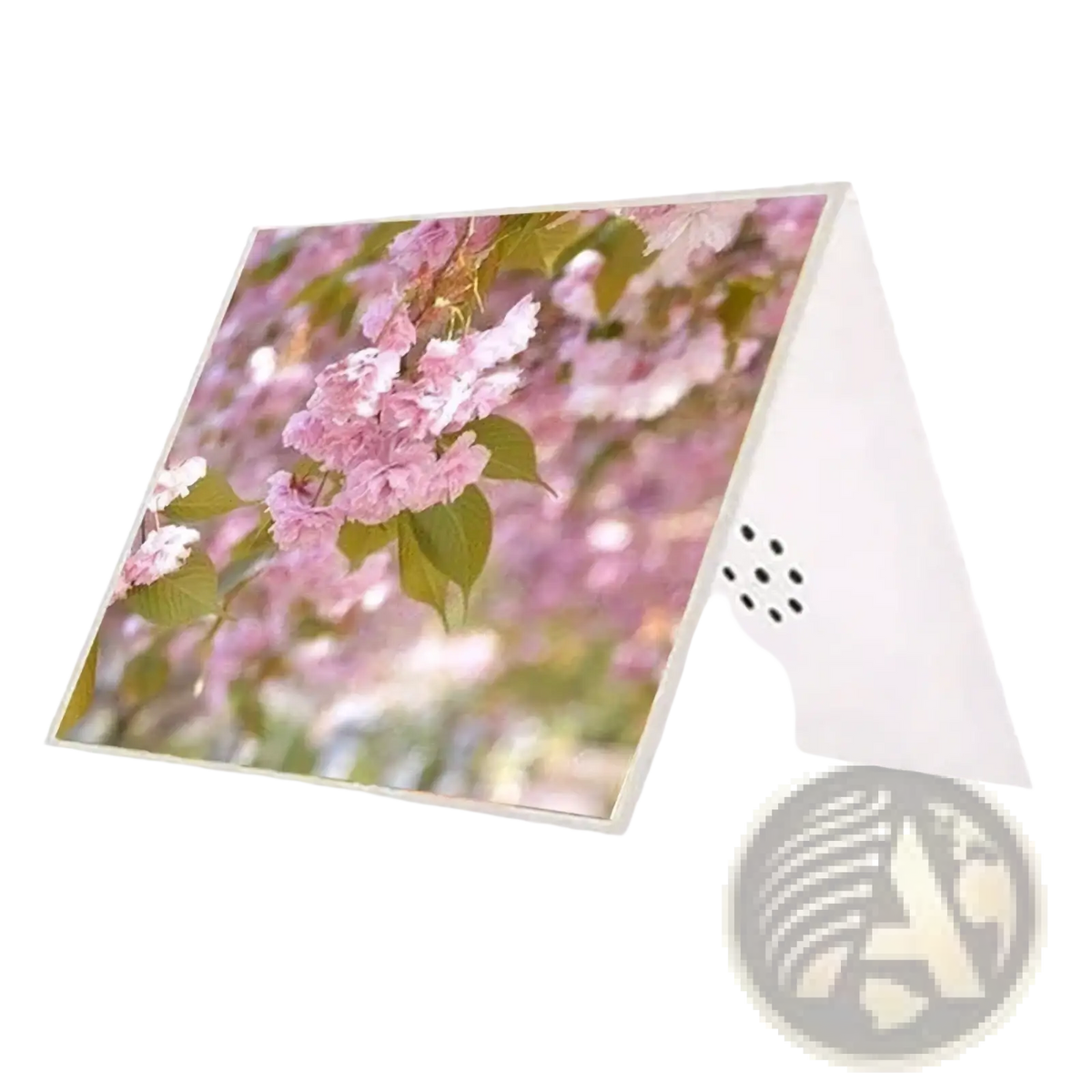 A white triangular recordable voice greeting card speaker with pink cherry blossoms for wedding diy audio messages