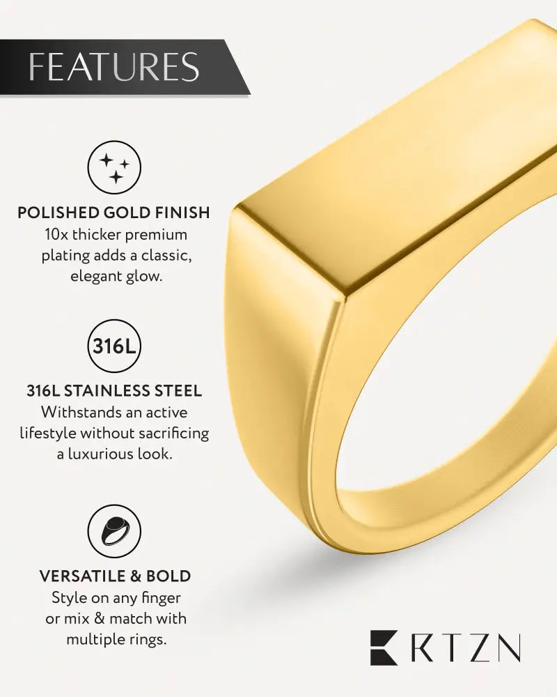 18k gold plated rectangle signet ring for men with a polished 316l stainless steel band in gold color
