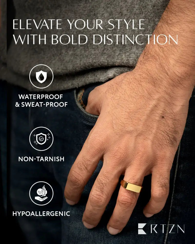 Gold-colored rectangular 18k gold plated signet ring for men with a sleek and modern design