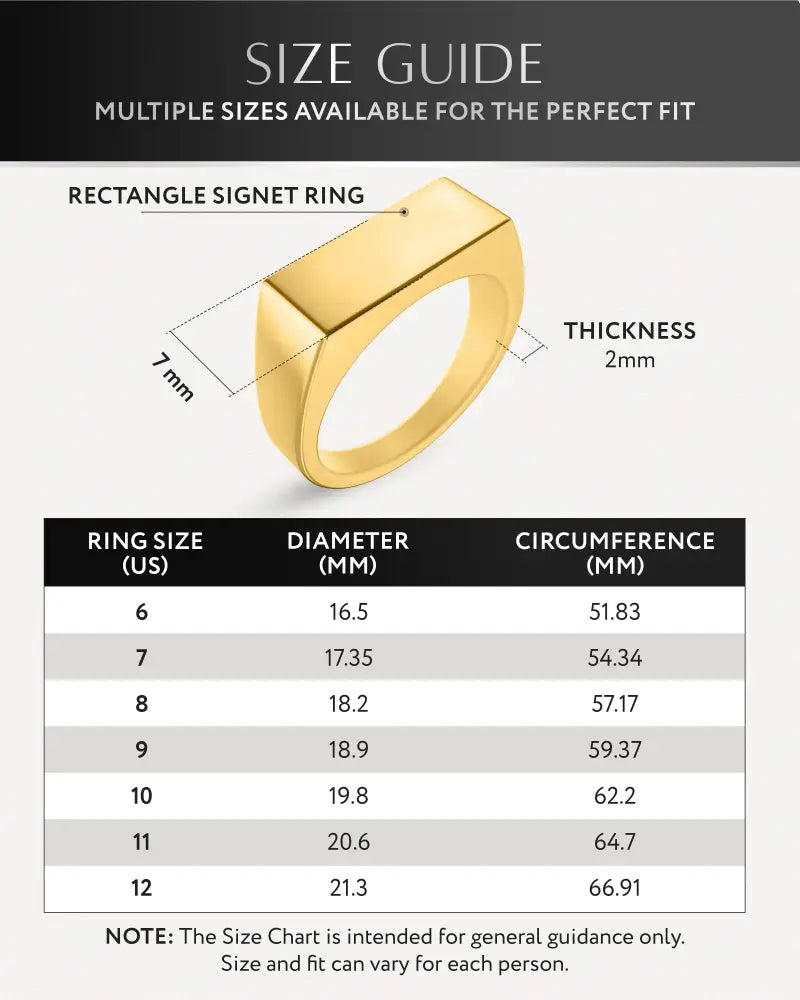 18k gold plated rectangle signet ring for men in gold with 7mm width and 2mm thickness