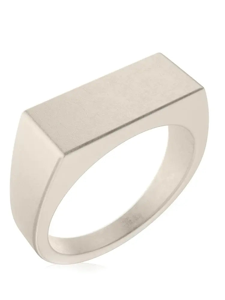 Oxidized rectangle 316l stainless steel signet ring with silver-toned smooth brushed metal finish and rounded edges