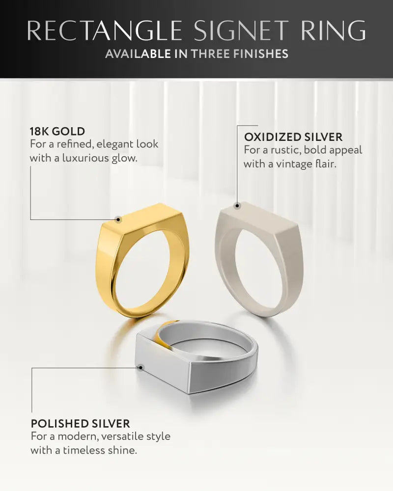 Oxidized rectangle 316l stainless steel signet ring in polished silver finish showcasing a sleek geometric design