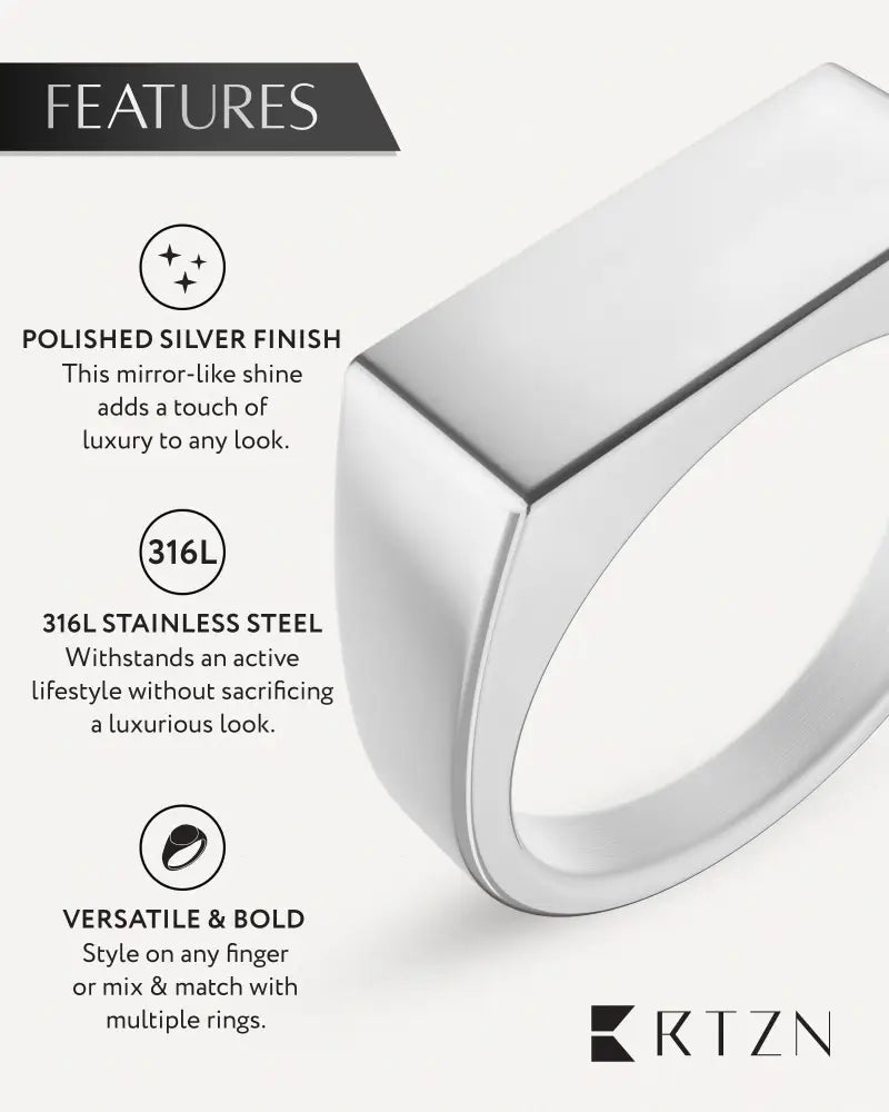 Polished silver rectangle stainless steel signet ring with a sleek polished finish made of 316l stainless steel