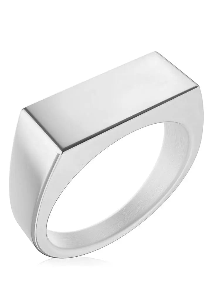 Polished silver rectangle stainless steel signet ring with a sleek metallic finish and clean geometric edges