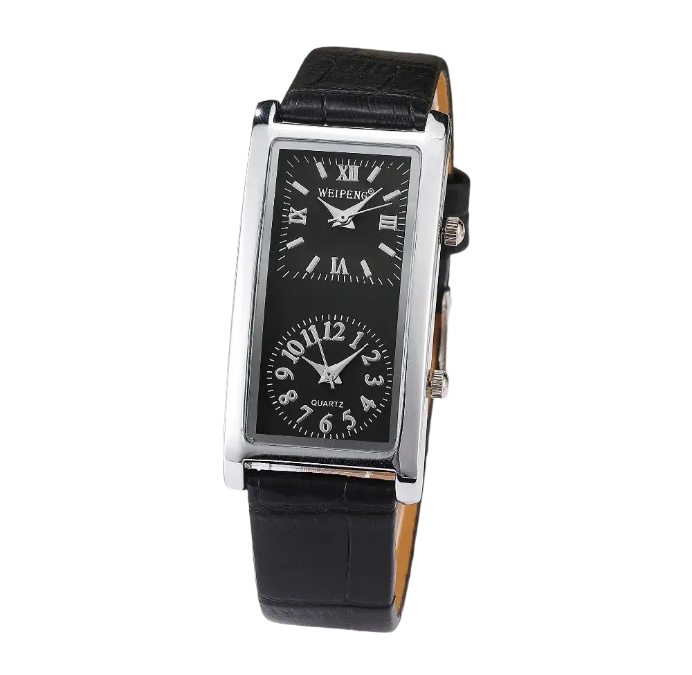 Black rectangular dual dial leather watch with silver-tone case featuring roman and arabic numerals on dials