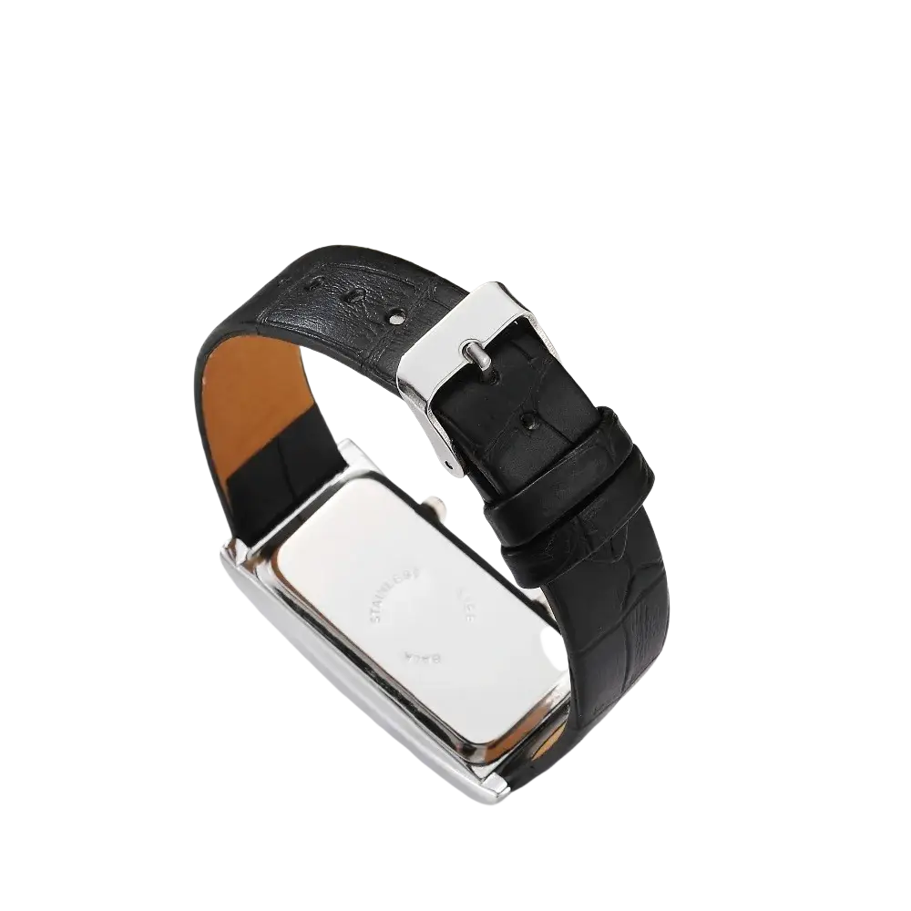 Rectangular dual dial leather watch with black crocodile-patterned strap and silver-toned rectangular case