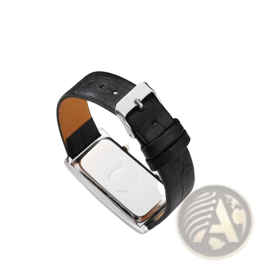 Rectangular dual dial leather watch with black crocodile-patterned strap and silver-toned rectangular case