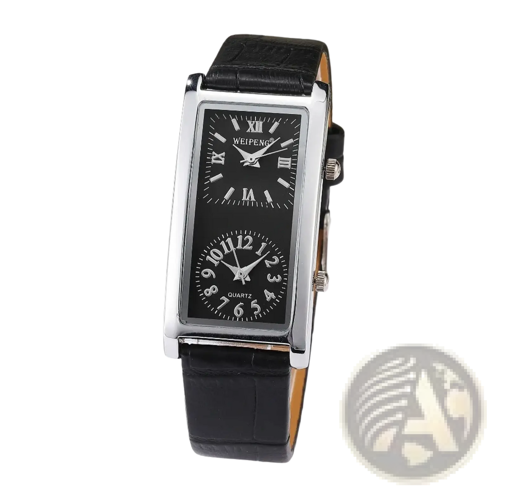 Black rectangular dual dial leather watch with silver-tone case featuring roman and arabic numerals on dials