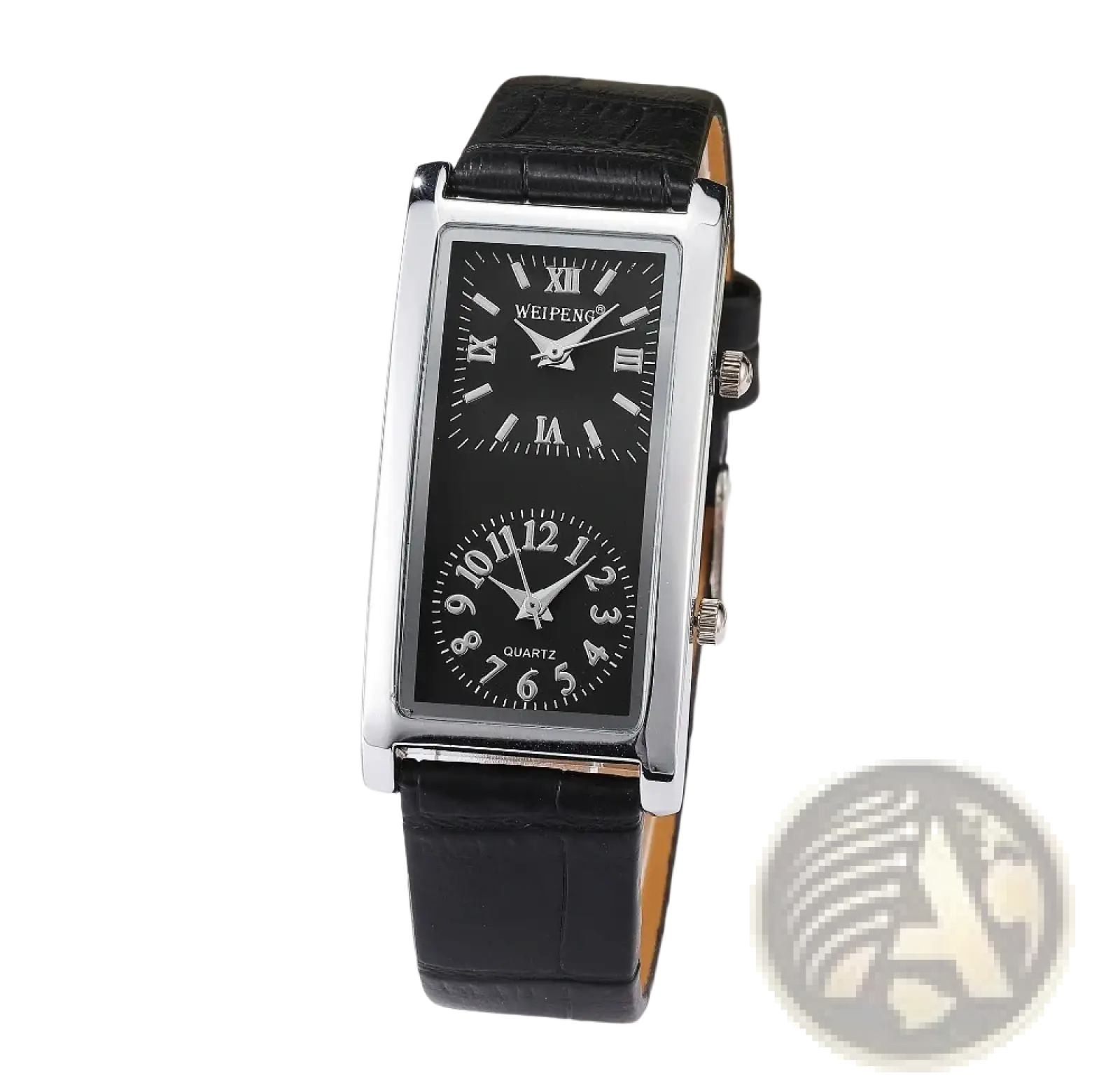 Black rectangular dual dial leather watch with silver-tone case featuring roman and arabic numerals on dials