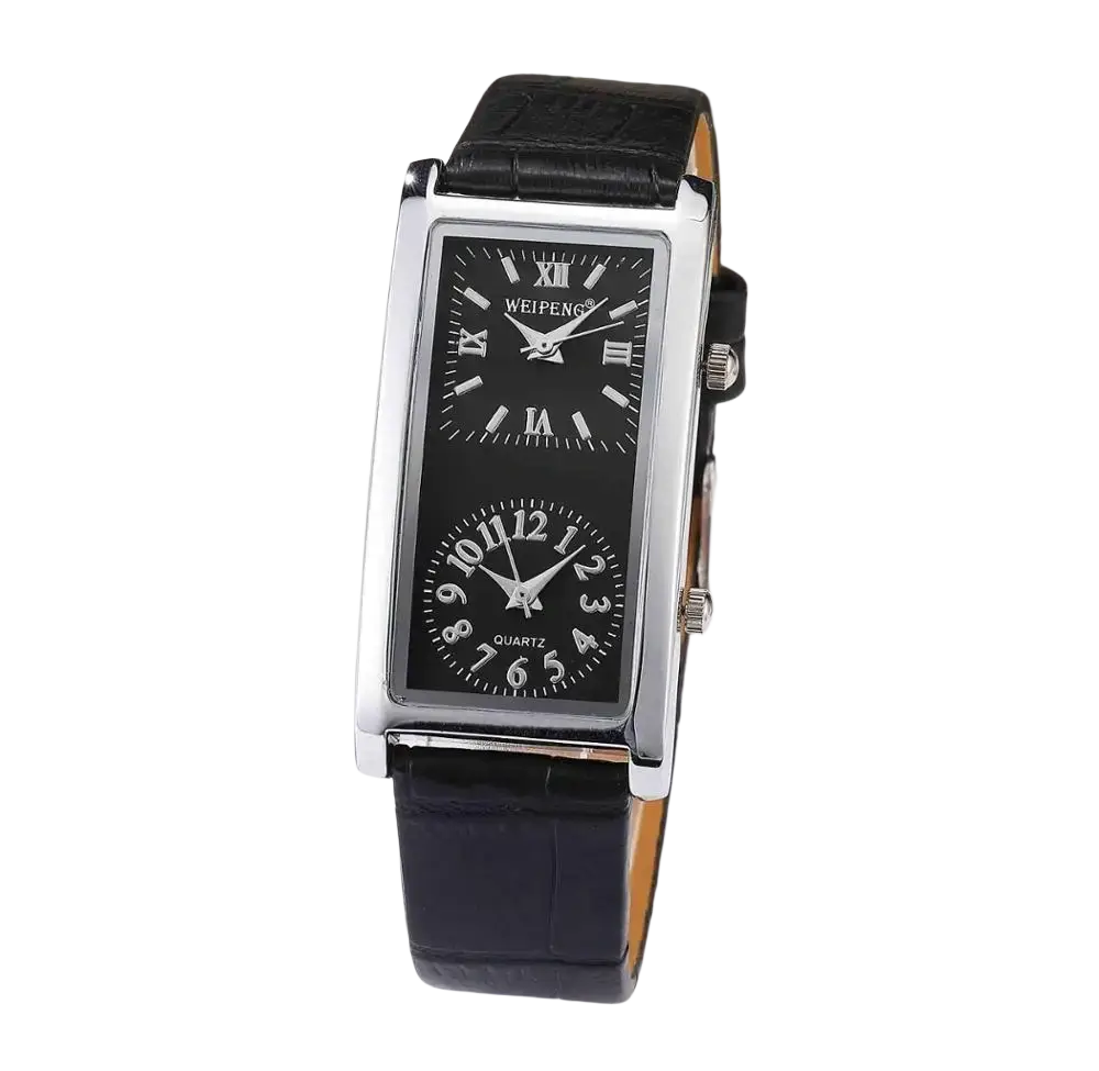 Rectangular dual dial leather watch with black leather strap silver-tone case and roman and arabic numeral dials
