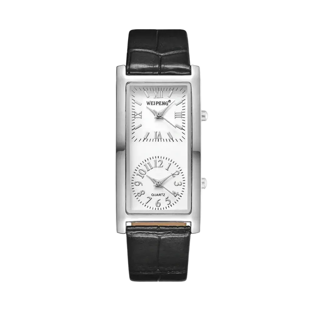 Silver rectangular dual dial leather watch with black strap featuring roman and arabic numerals