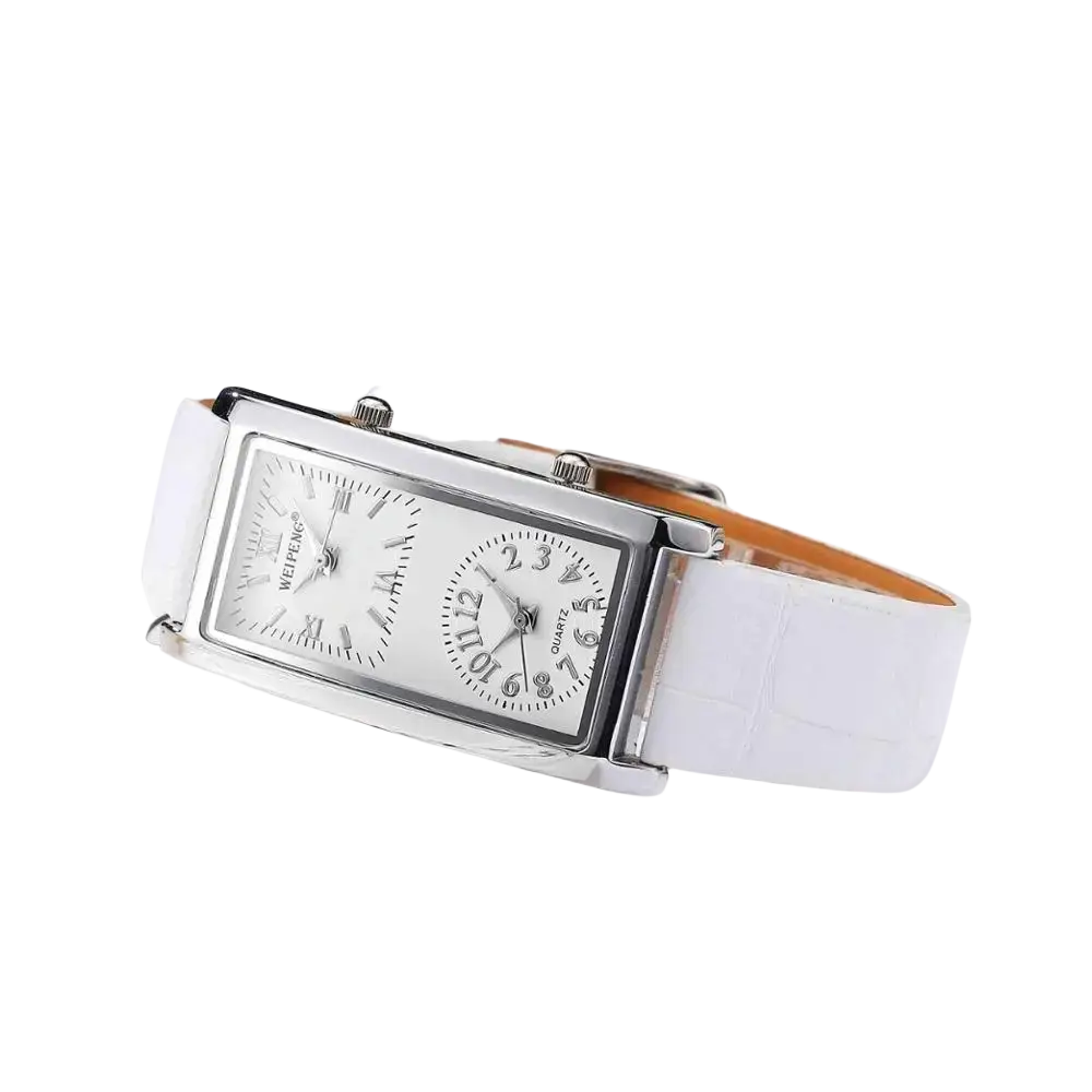Silver rectangular dual dial watch with minimalist design and white leather strap for versatile timekeeping