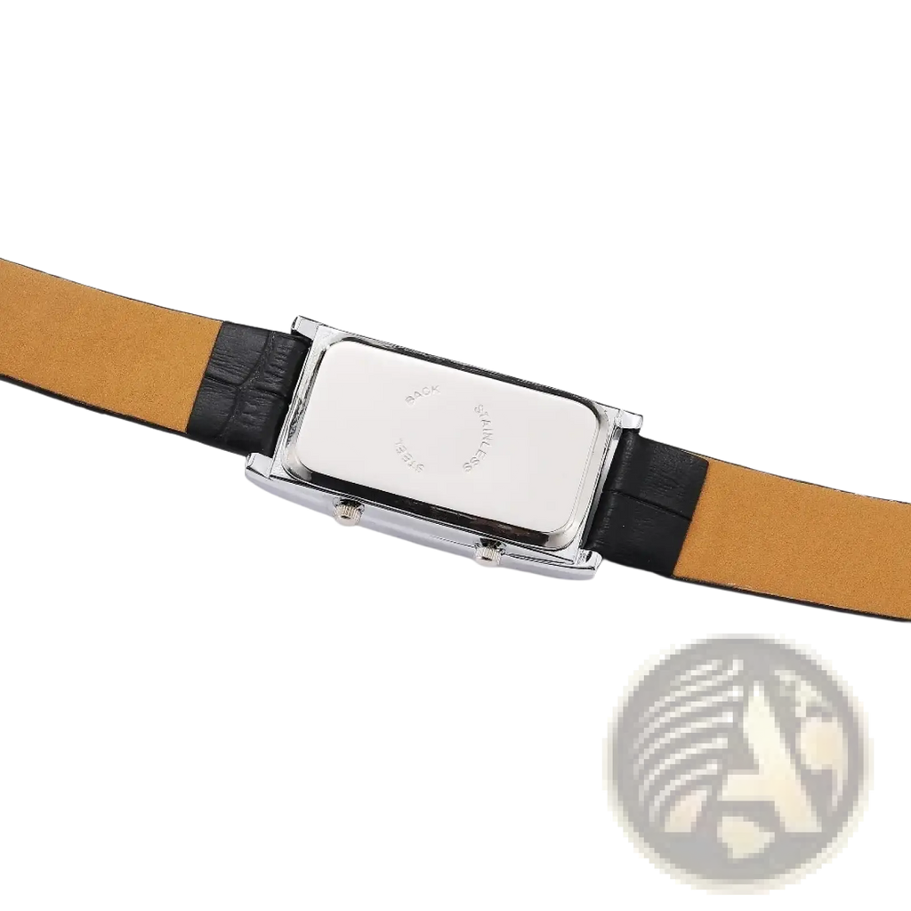 Rectangular dual dial leather watch with silver-tone case and black and tan leather strap for elegant wear