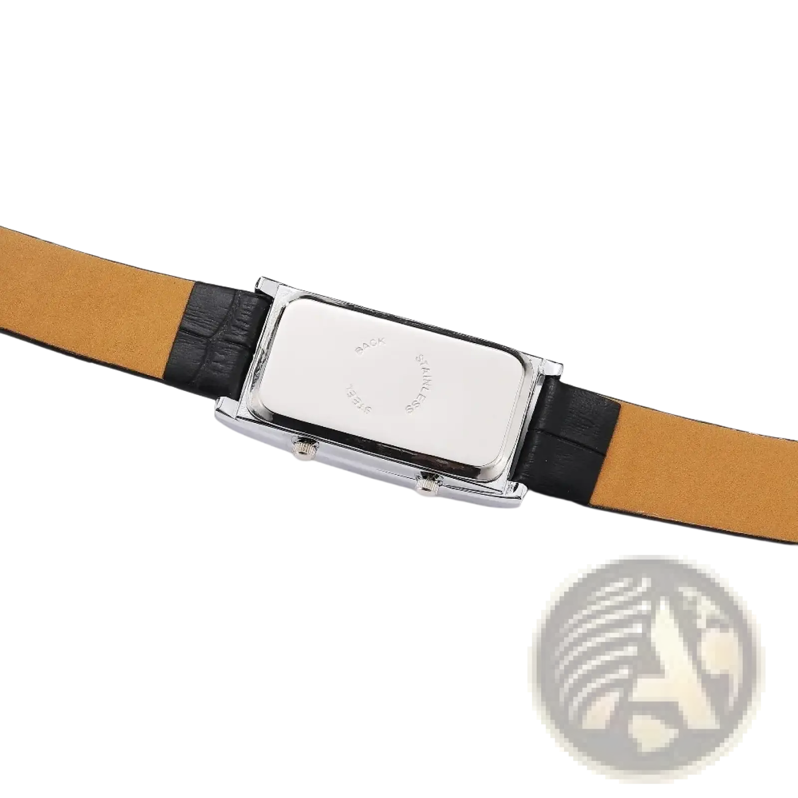 Rectangular dual dial leather watch with silver-tone case and black and tan leather strap for elegant wear