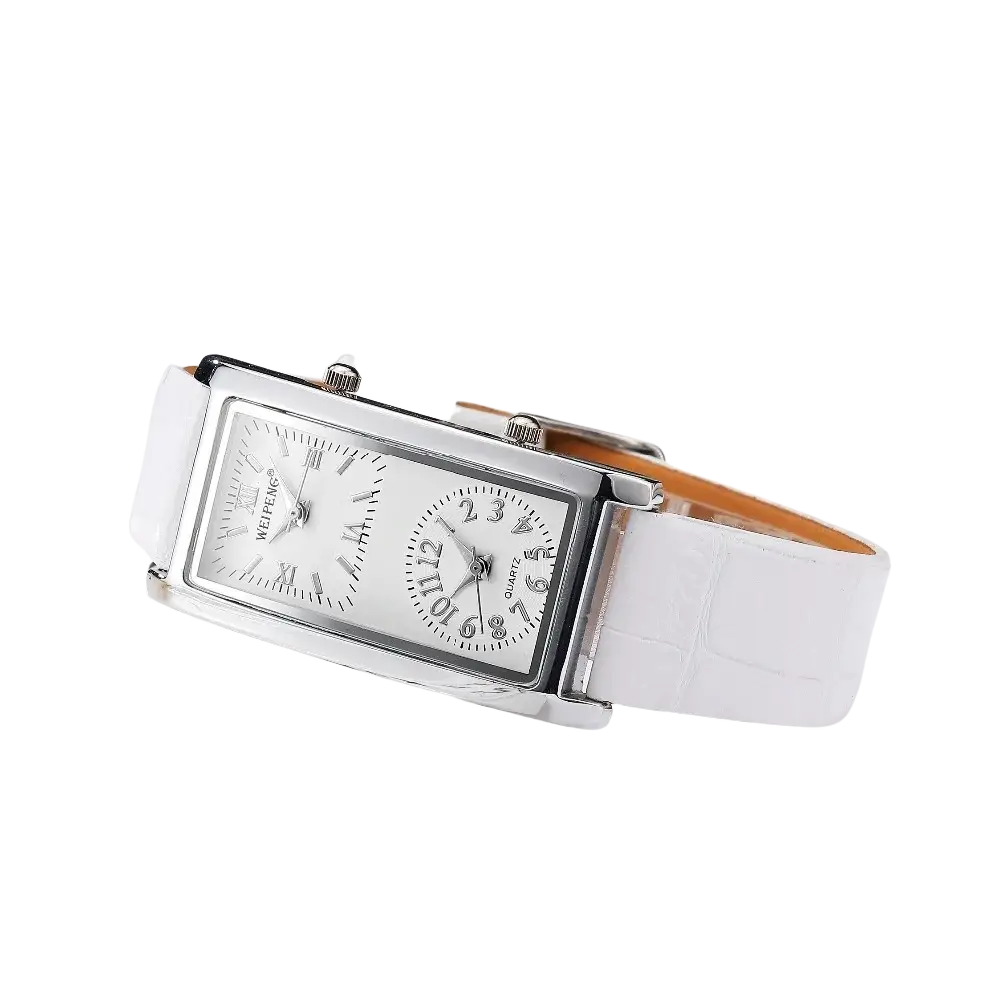 A rectangular dual dial leather watch in silver tone with white strap featuring roman and arabic numerals
