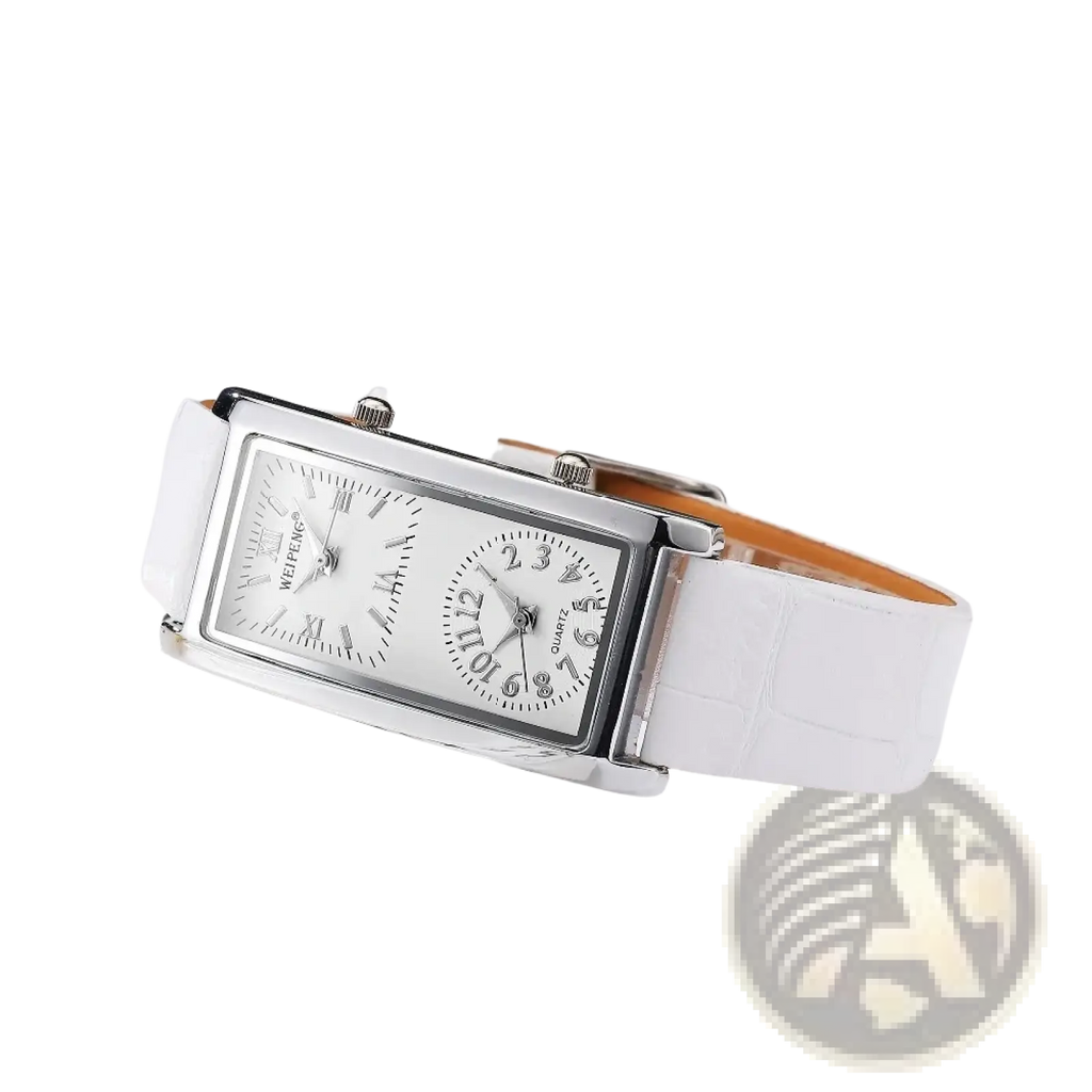 A rectangular dual dial leather watch in silver tone with white strap featuring roman and arabic numerals