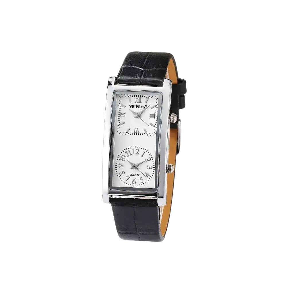 Silver rectangular dual dial leather watch with black strap featuring roman and arabic numerals on dials