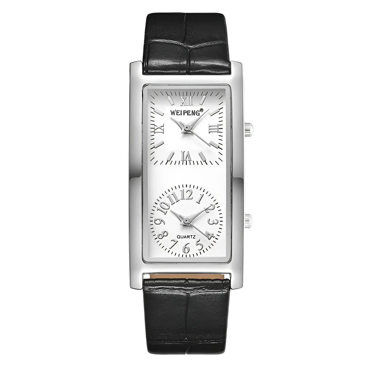 Silver rectangular dual dial leather watch with black strap featuring roman and arabic numeral displays