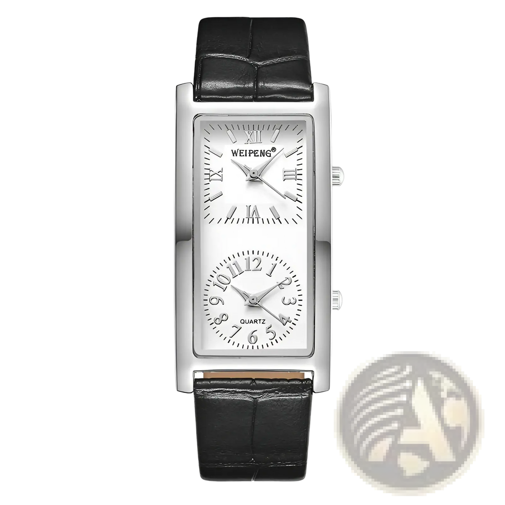 Silver rectangular dual dial leather watch with black strap featuring roman and arabic numeral displays