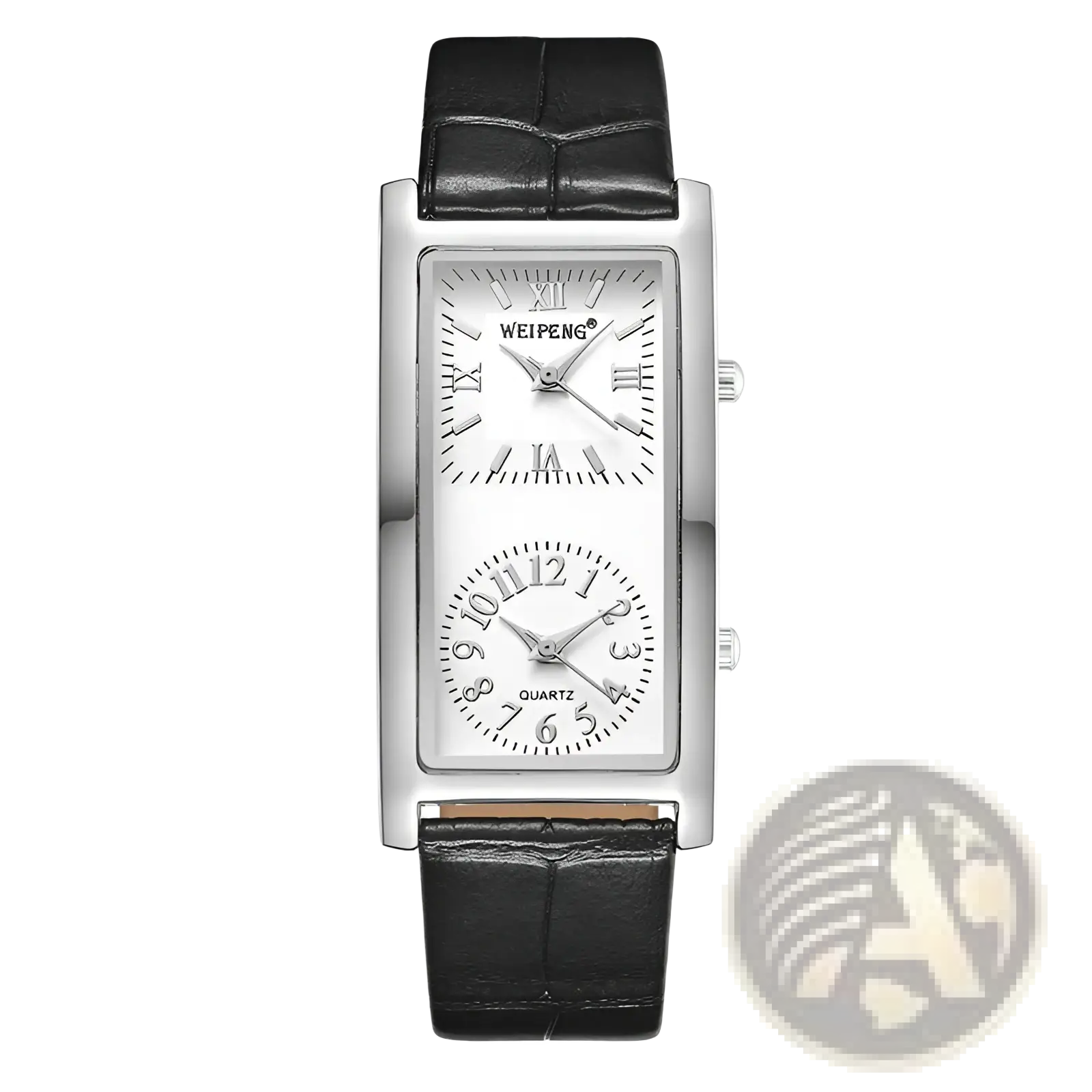 Silver rectangular dual dial leather watch with black strap featuring roman and arabic numeral displays