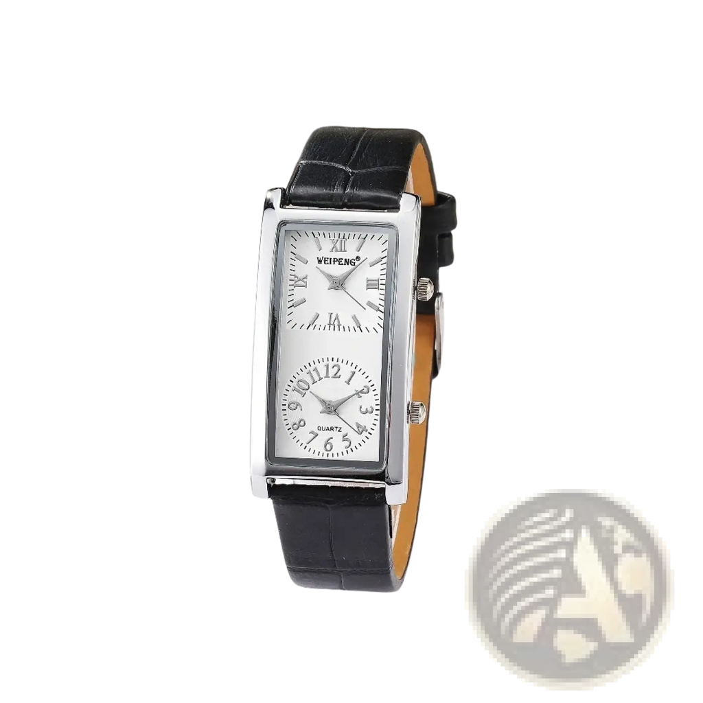 Silver rectangular dual dial leather watch with black strap featuring roman and arabic numerals on dials