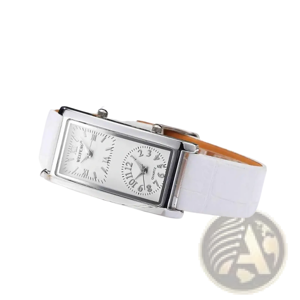 Silver rectangular dual dial watch with minimalist design and white leather strap for versatile timekeeping