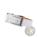 Silver rectangular dual dial watch with minimalist design and white leather strap for versatile timekeeping