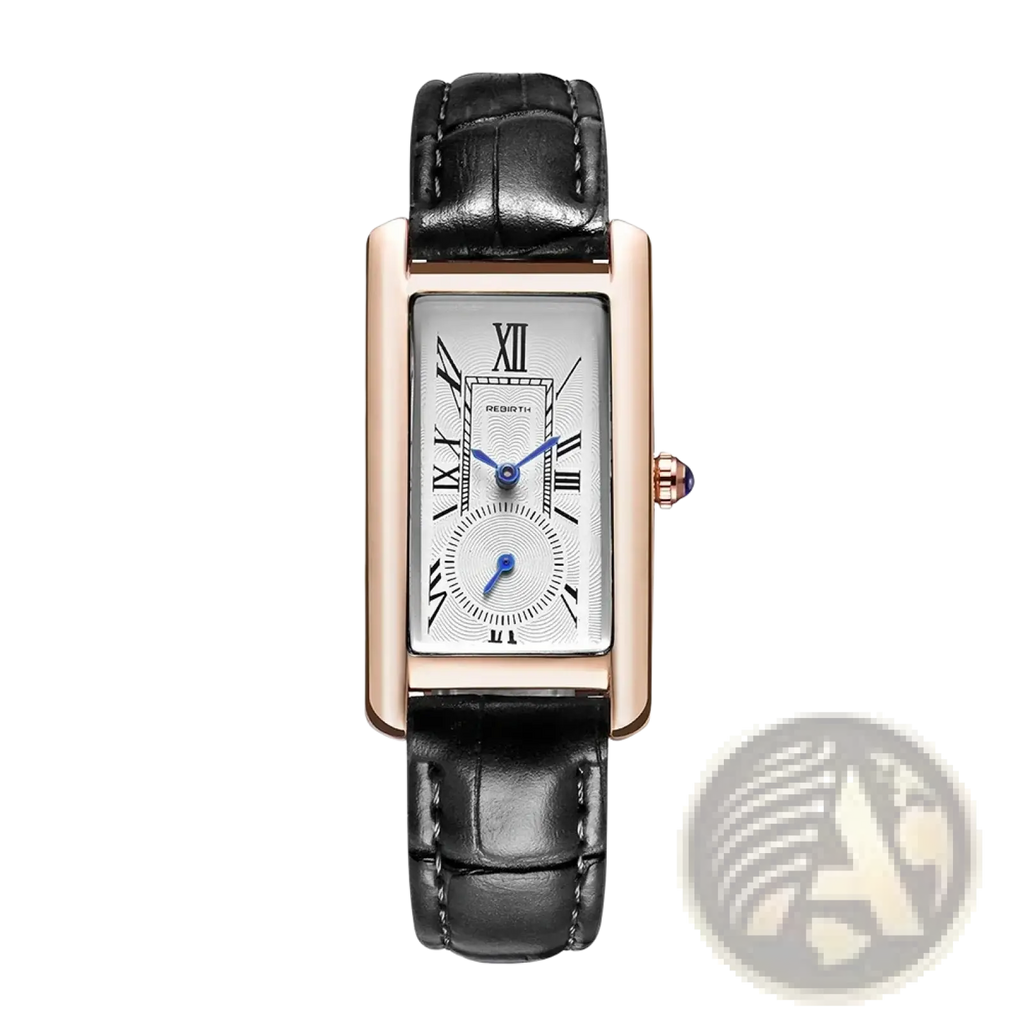 Rectangular leather quartz watch with a rose gold case, white dial, black leather strap, and blue hands