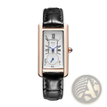 Rectangular leather quartz watch with a rose gold case, white dial, black leather strap, and blue hands