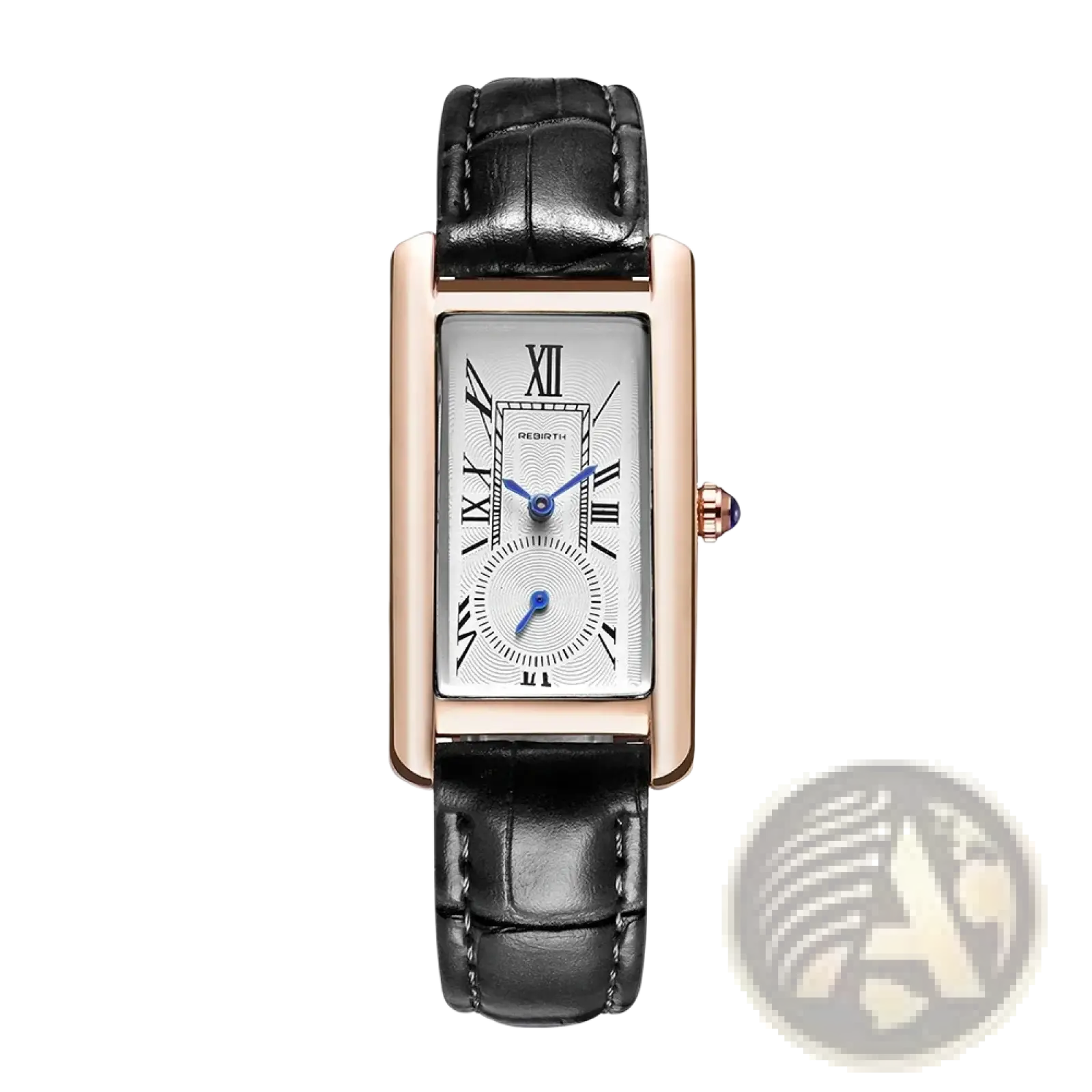 Rectangular leather quartz watch with a rose gold case, white dial, black leather strap, and blue hands