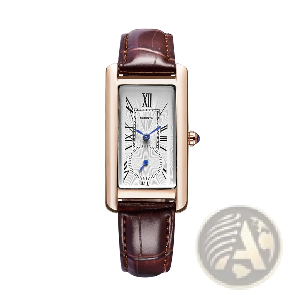 Elegant rose gold rectangular leather quartz watch with white dial roman numerals blue hands and brown crocodile strap