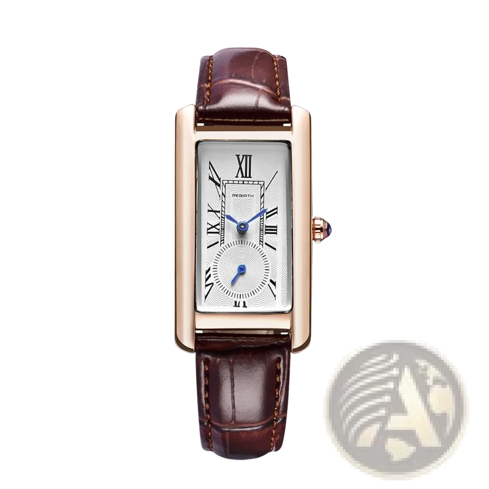 Elegant rose gold rectangular leather quartz watch with white dial roman numerals blue hands and brown crocodile strap