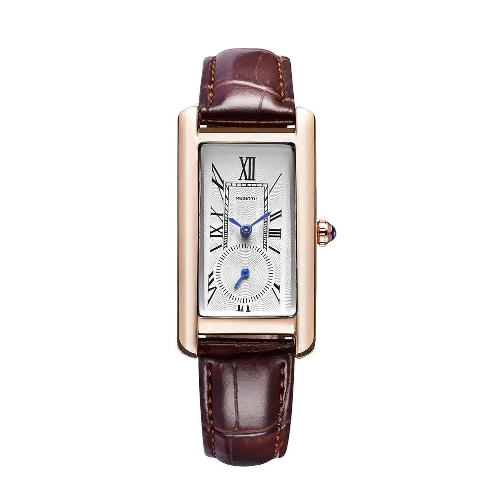 Elegant rose gold rectangular leather quartz watch with white dial roman numerals blue hands and brown crocodile strap