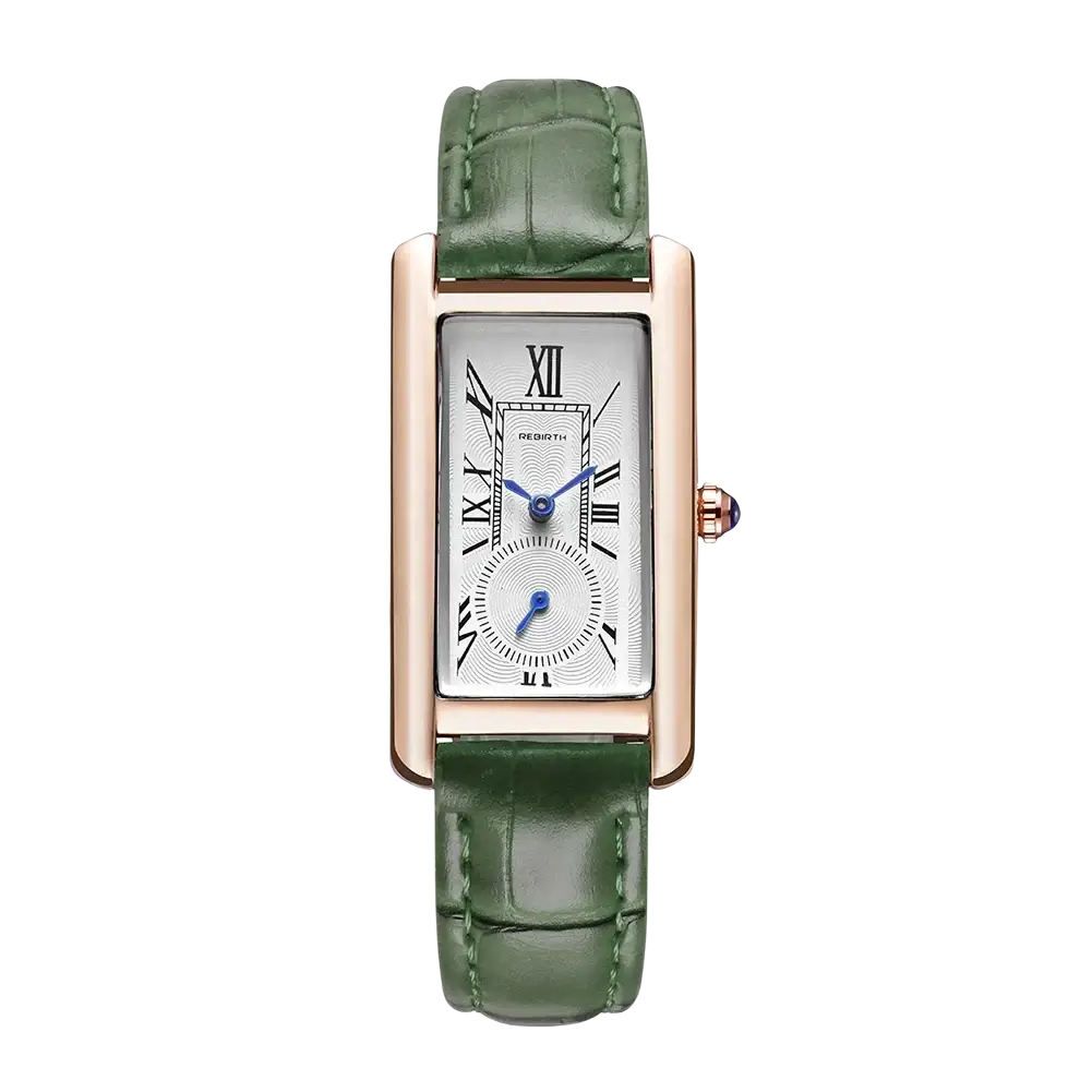 Rectangular leather quartz watch with rose gold case white dial roman numerals blue hands and green crocodile leather strap