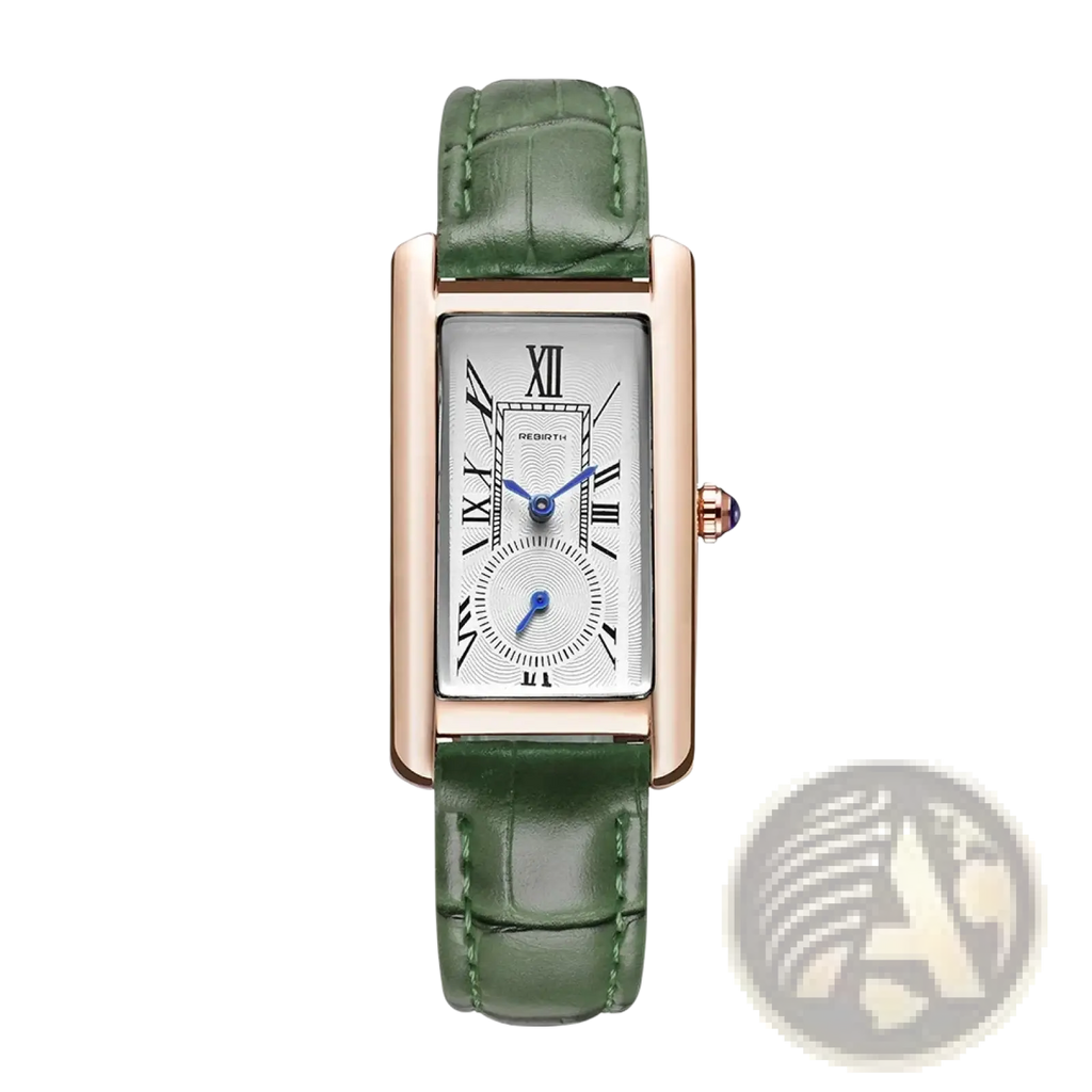 Elegant rose gold rectangular leather quartz watch with white dial, roman numerals, blue hands, and green crocodile strap