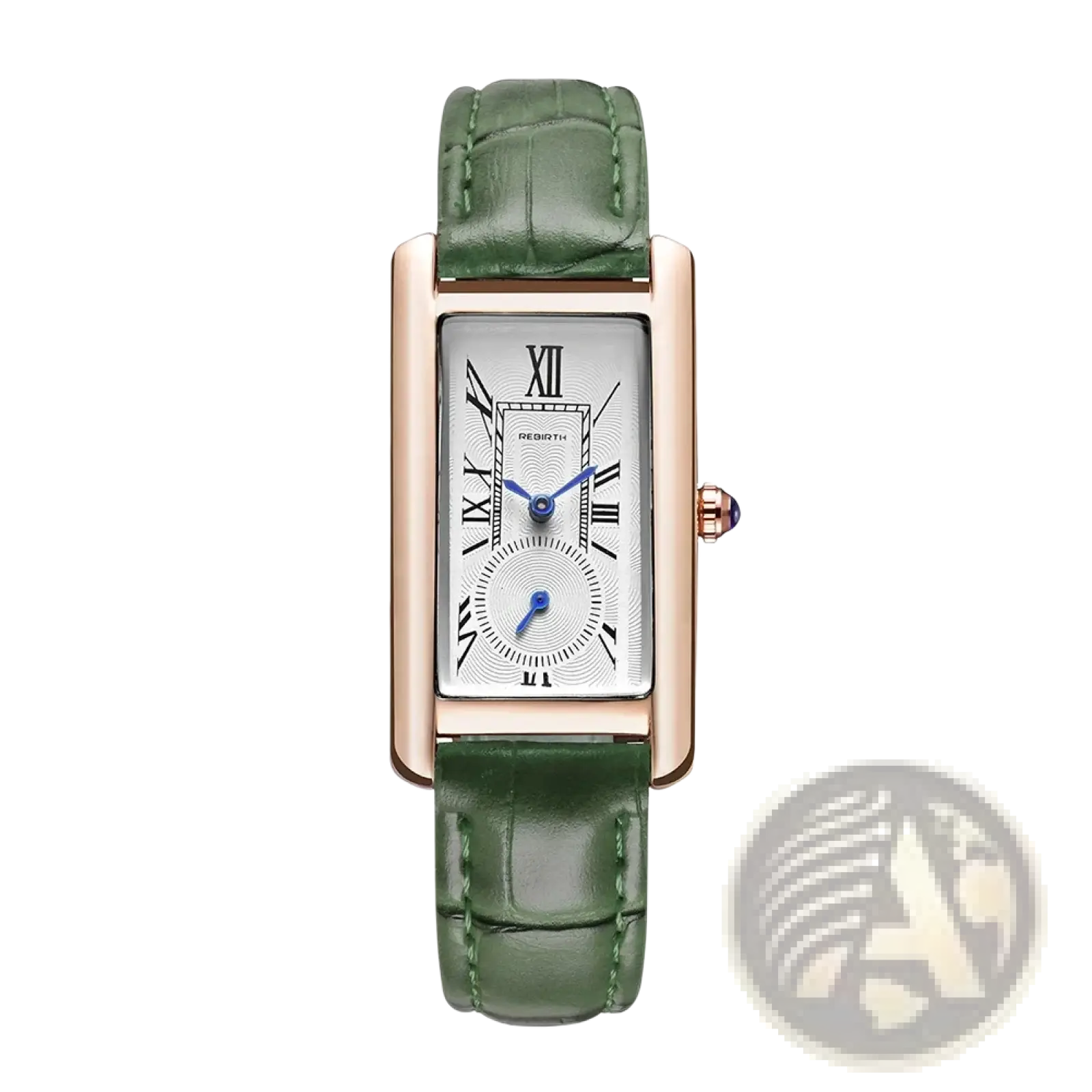 Elegant rose gold rectangular leather quartz watch with white dial, roman numerals, blue hands, and green crocodile strap