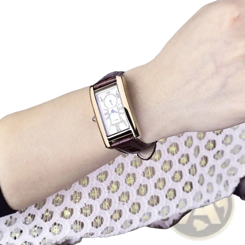 Rectangular leather quartz watch with a gold-tone case, white face with roman numerals, and a brown leather strap