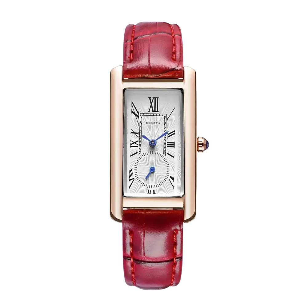 Rectangular leather quartz watch with a rose gold case, white dial, black roman numerals, blue hands, and red crocodile strap