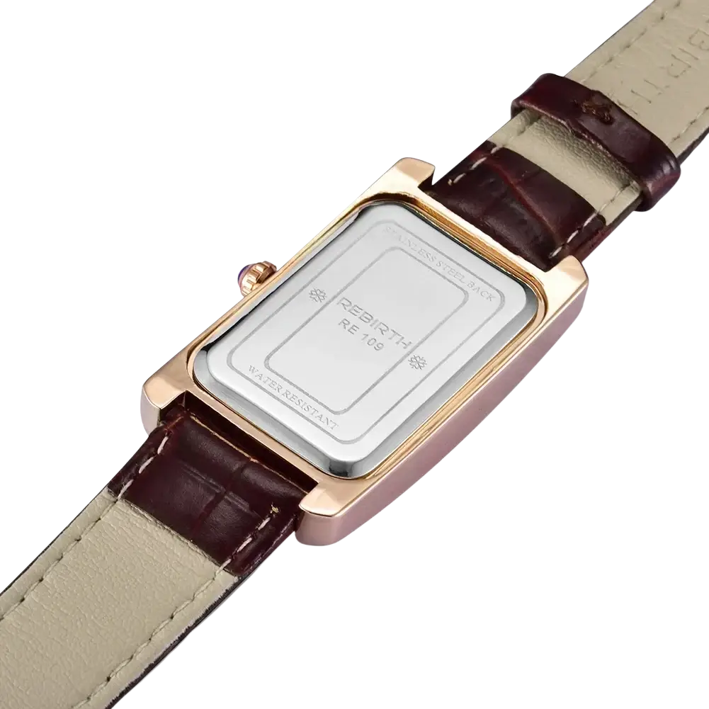 Rectangular leather quartz watch with rose gold rectangular case, dark brown leather strap, and silver-toned backplate