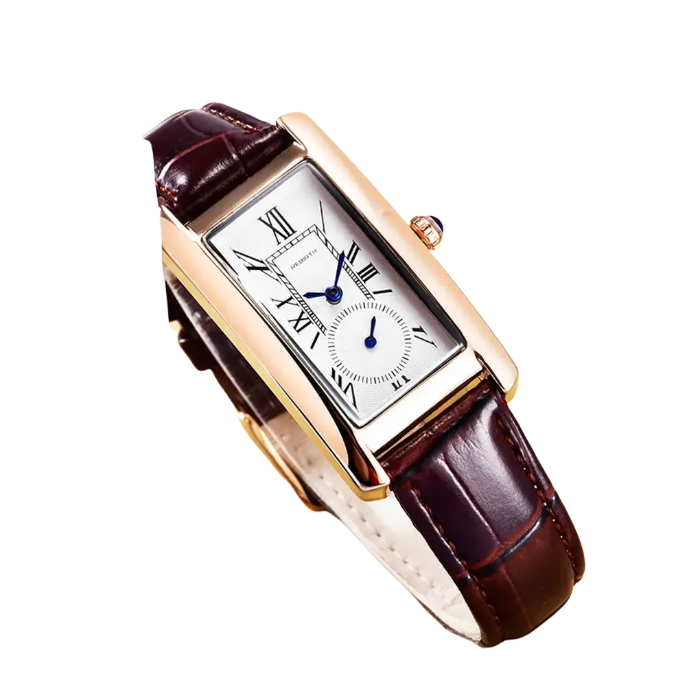 Rectangular leather quartz watch with a rose gold case, white dial, roman numerals, and dark brown crocodile leather strap