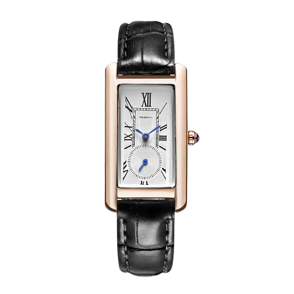 Rectangular leather quartz watch with a rose gold case, white dial, black leather strap, and blue hands