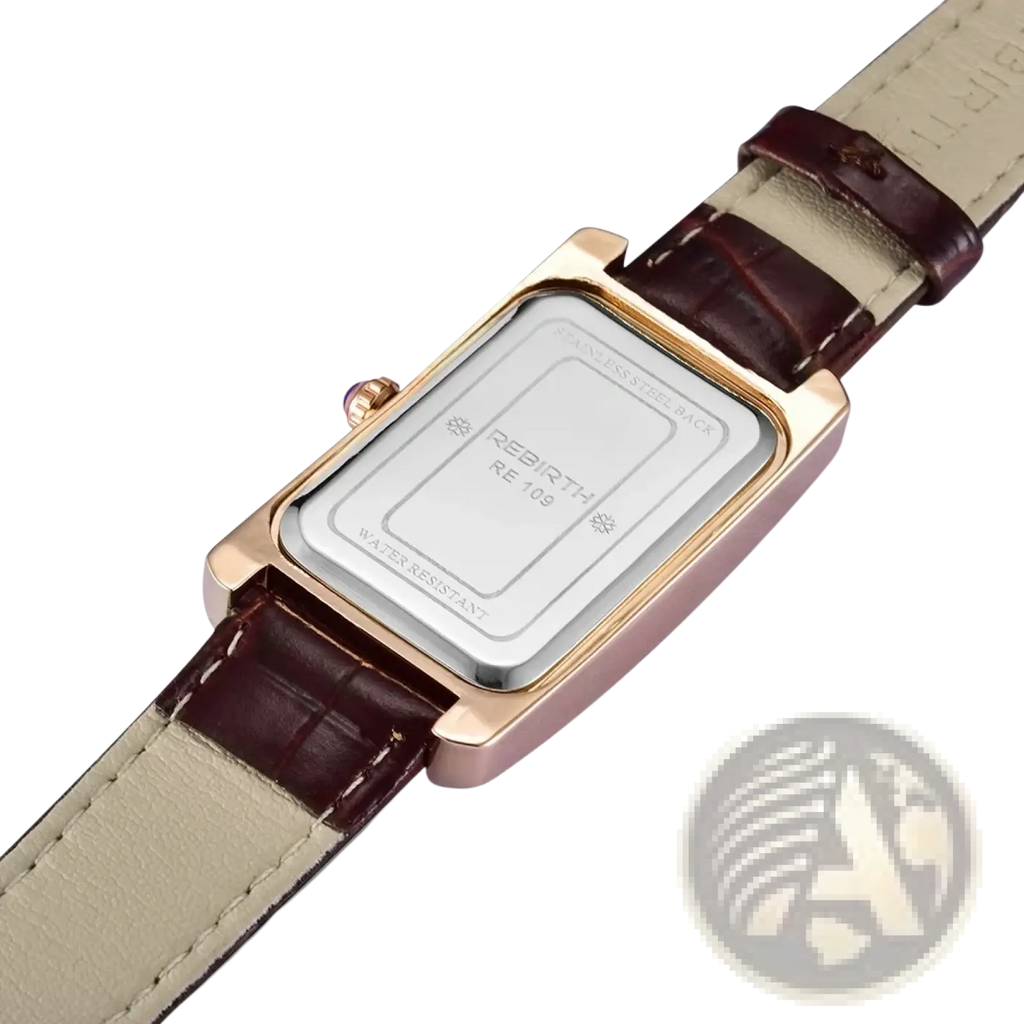 Rectangular leather quartz watch with rose gold rectangular case, dark brown leather strap, and silver-toned backplate